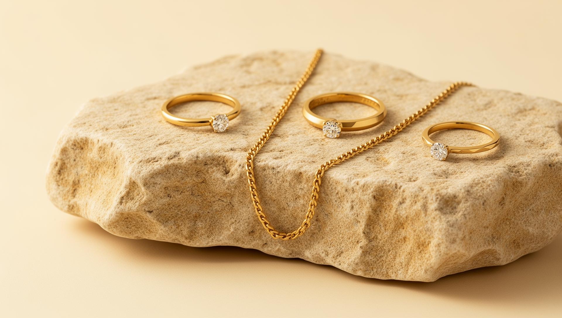 Luxury gold jewelry collection on natural stone