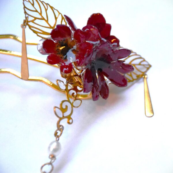 Red Anemone — Kanzashi Hair Fork with Swarovski & Pearls