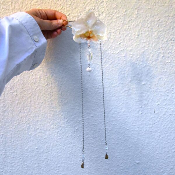 White Orchid — Kanzashi Hair Fork with Swarovski & Pearls