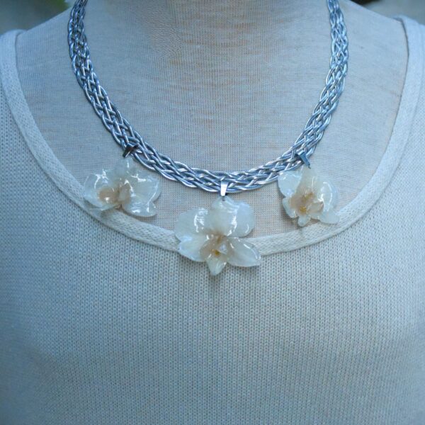 White Orchid Trio — Braided Chain Necklace