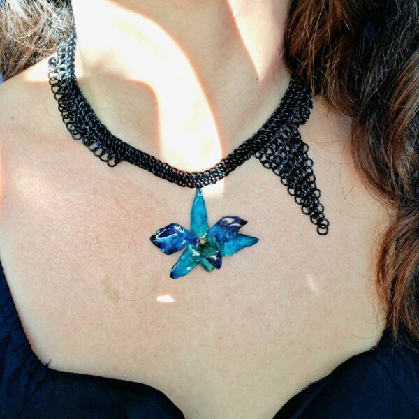 Blue Orchid Necklace with Double Black Half Persian Chainmail