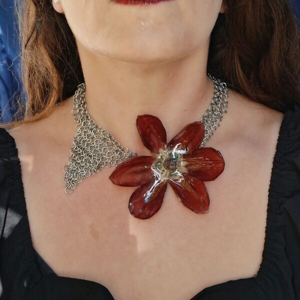 Dark Botanical Handmade Red Tulip & Chainmail Necklace