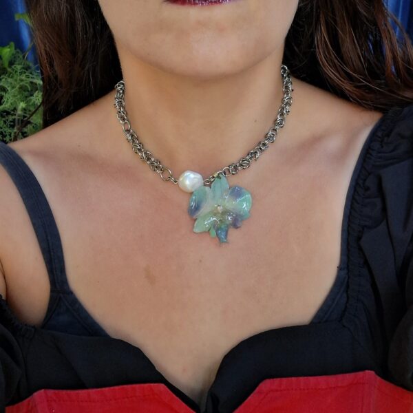 Purple & Turquoise Orchid Necklace with Pearl & Byzantine