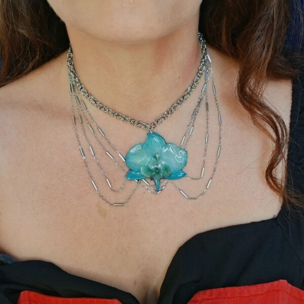 Blue Orchid Necklace with Byzantine Chainmail & Multi-Chains