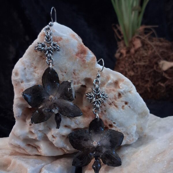 Dark Botanical Black Orchid Earrings with Byzantine Chainmail Cross