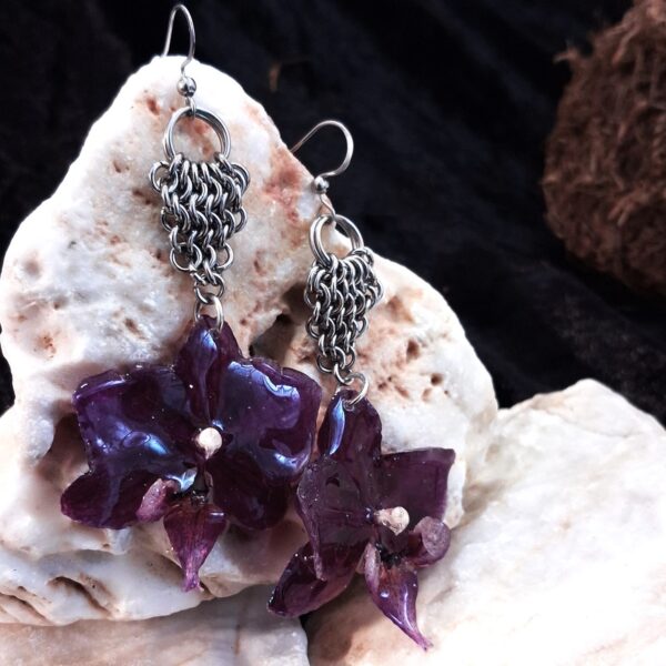 Dark Botanical Purple Orchid Earrings with European 4in1 Chainmail