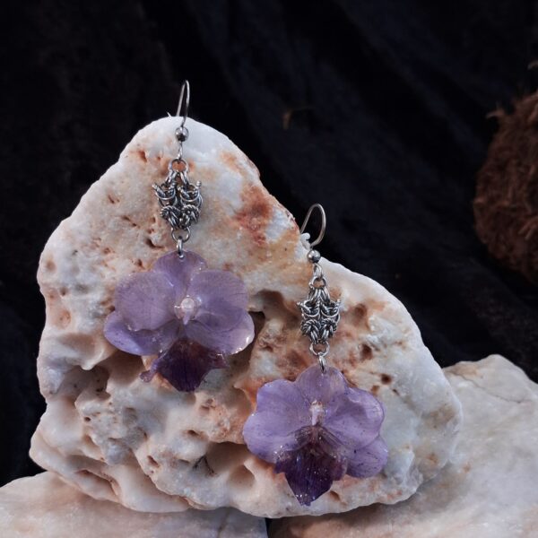Dark Botanical Purple Orchid Earrings with Byzantine Diamond Chainmail