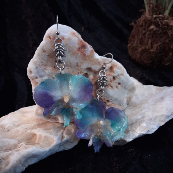 Purple & Turquoise Orchid Earrings with Double Byzantine Chainmail